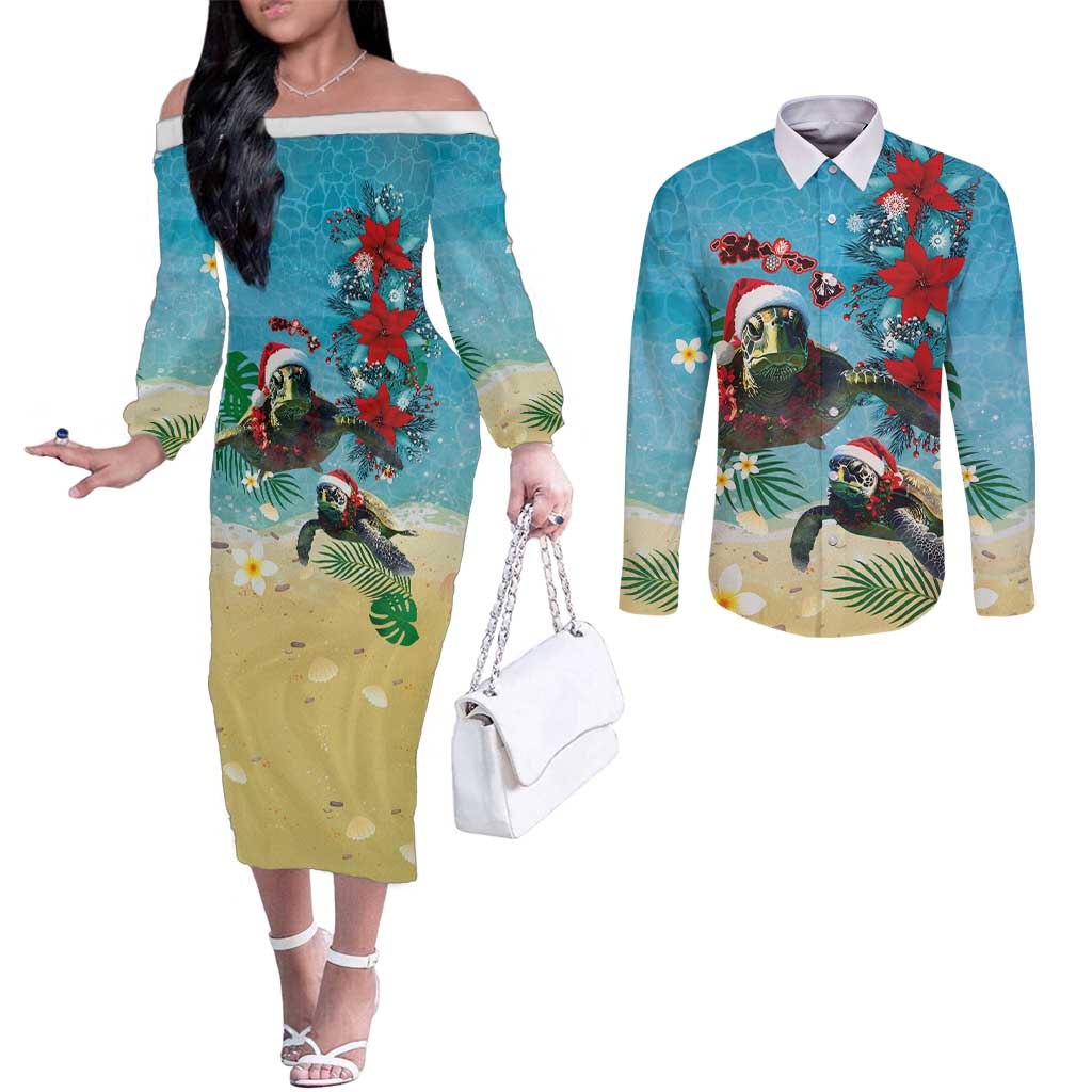 Hawaiian Mele Kalikimaka Couples Matching Off The Shoulder Long Sleeve Dress and Long Sleeve Button Shirt Tropical Xmas Turtles Red Poinsettia Watercolor - Polynesian Pride