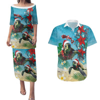 Hawaiian Mele Kalikimaka Couples Matching Puletasi and Hawaiian Shirt Tropical Xmas Turtles Red Poinsettia Watercolor LT03 Multicolor - Polynesian Pride