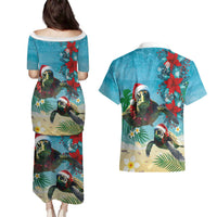 Hawaiian Mele Kalikimaka Couples Matching Puletasi and Hawaiian Shirt Tropical Xmas Turtles Red Poinsettia Watercolor LT03 - Polynesian Pride