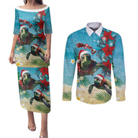 Hawaiian Mele Kalikimaka Couples Matching Puletasi and Long Sleeve Button Shirt Tropical Xmas Turtles Red Poinsettia Watercolor - Polynesian Pride