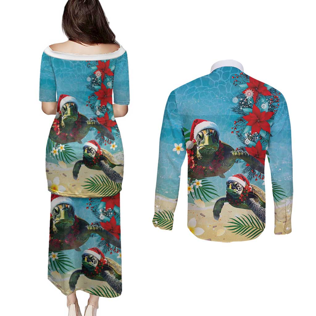 Hawaiian Mele Kalikimaka Couples Matching Puletasi and Long Sleeve Button Shirt Tropical Xmas Turtles Red Poinsettia Watercolor - Polynesian Pride