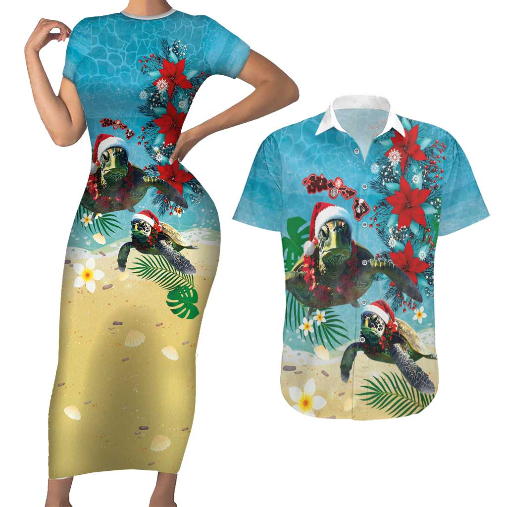 Hawaiian Mele Kalikimaka Couples Matching Short Sleeve Bodycon Dress and Hawaiian Shirt Tropical Xmas Turtles Red Poinsettia Watercolor - Polynesian Pride