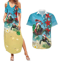 Hawaiian Mele Kalikimaka Couples Matching Summer Maxi Dress and Hawaiian Shirt Tropical Xmas Turtles Red Poinsettia Watercolor - Polynesian Pride