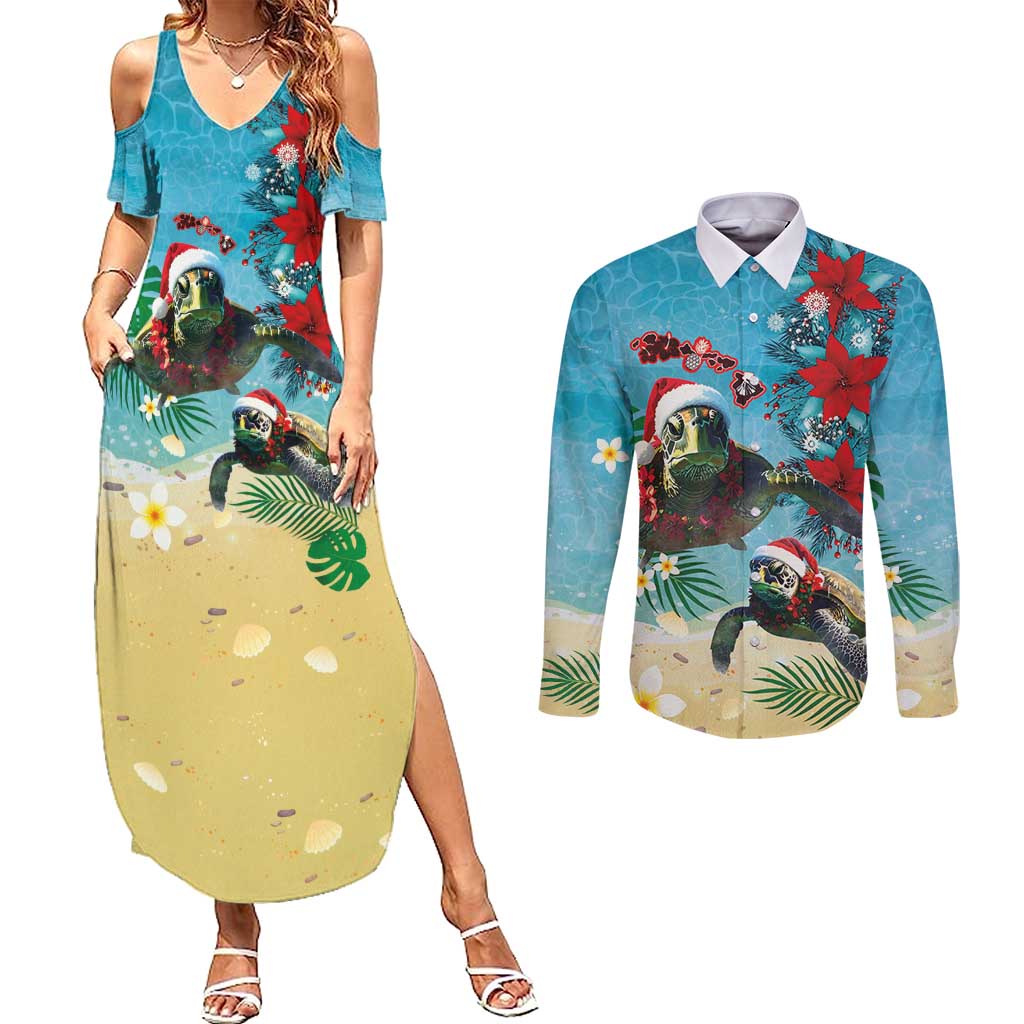 Hawaiian Mele Kalikimaka Couples Matching Summer Maxi Dress and Long Sleeve Button Shirt Tropical Xmas Turtles Red Poinsettia Watercolor - Polynesian Pride