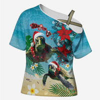 Hawaiian Mele Kalikimaka Cross Shoulder Shirt Tropical Xmas Turtles Red Poinsettia Watercolor - Polynesian Pride