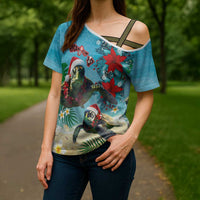 Hawaiian Mele Kalikimaka Cross Shoulder Shirt Tropical Xmas Turtles Red Poinsettia Watercolor - Polynesian Pride