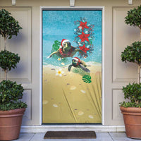 Hawaiian Mele Kalikimaka Door Cover Tropical Xmas Turtles Red Poinsettia Watercolor - Polynesian Pride