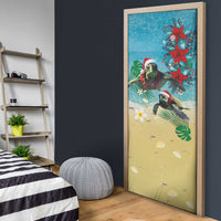 Hawaiian Mele Kalikimaka Door Cover Tropical Xmas Turtles Red Poinsettia Watercolor - Polynesian Pride