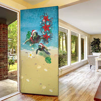 Hawaiian Mele Kalikimaka Door Cover Tropical Xmas Turtles Red Poinsettia Watercolor - Polynesian Pride