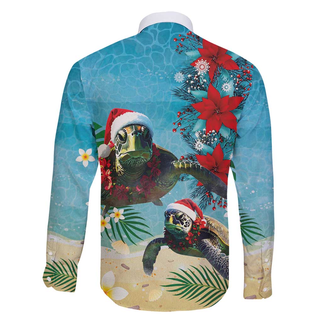 Hawaiian Mele Kalikimaka Family Matching Long Sleeve Bodycon Dress and Hawaiian Shirt Tropical Xmas Turtles Red Poinsettia Watercolor - Polynesian Pride