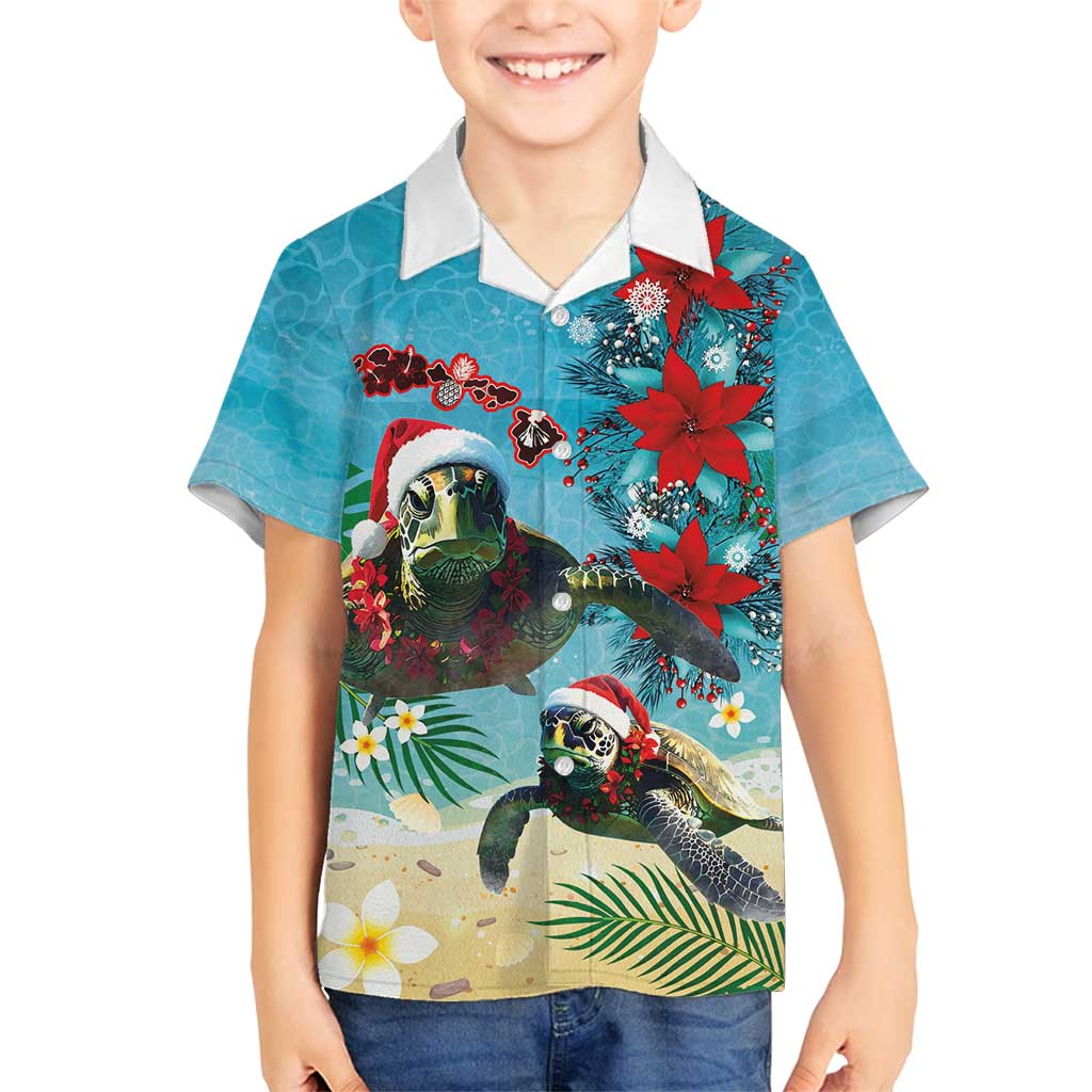 Hawaiian Mele Kalikimaka Family Matching Long Sleeve Bodycon Dress and Hawaiian Shirt Tropical Xmas Turtles Red Poinsettia Watercolor - Polynesian Pride