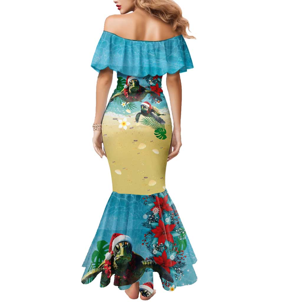 Hawaiian Mele Kalikimaka Family Matching Mermaid Dress and Hawaiian Shirt Tropical Xmas Turtles Red Poinsettia Watercolor - Polynesian Pride