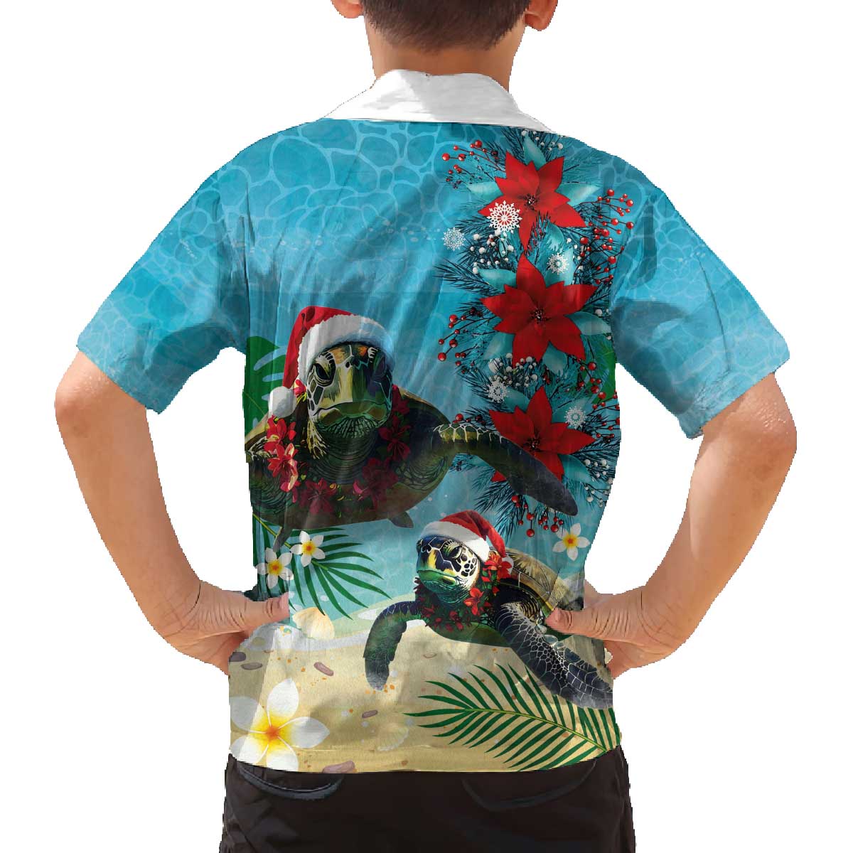 Hawaiian Mele Kalikimaka Family Matching Off The Shoulder Long Sleeve Dress and Hawaiian Shirt Tropical Xmas Turtles Red Poinsettia Watercolor - Polynesian Pride