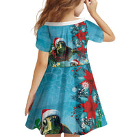 Hawaiian Mele Kalikimaka Family Matching Off The Shoulder Long Sleeve Dress and Hawaiian Shirt Tropical Xmas Turtles Red Poinsettia Watercolor - Polynesian Pride