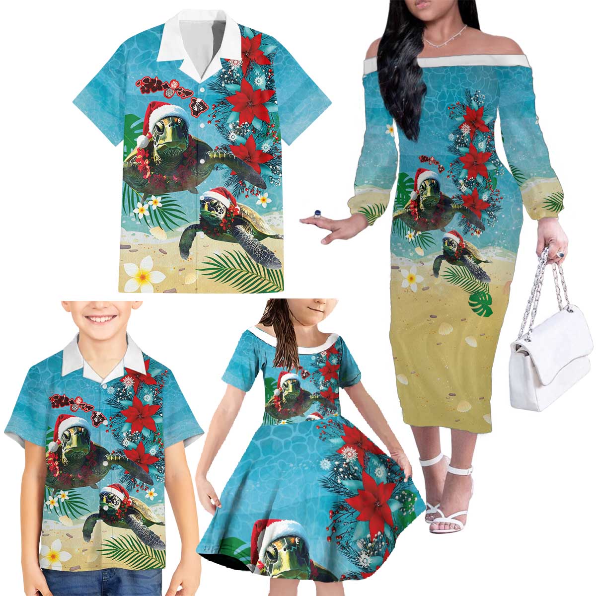 Hawaiian Mele Kalikimaka Family Matching Off The Shoulder Long Sleeve Dress and Hawaiian Shirt Tropical Xmas Turtles Red Poinsettia Watercolor - Polynesian Pride