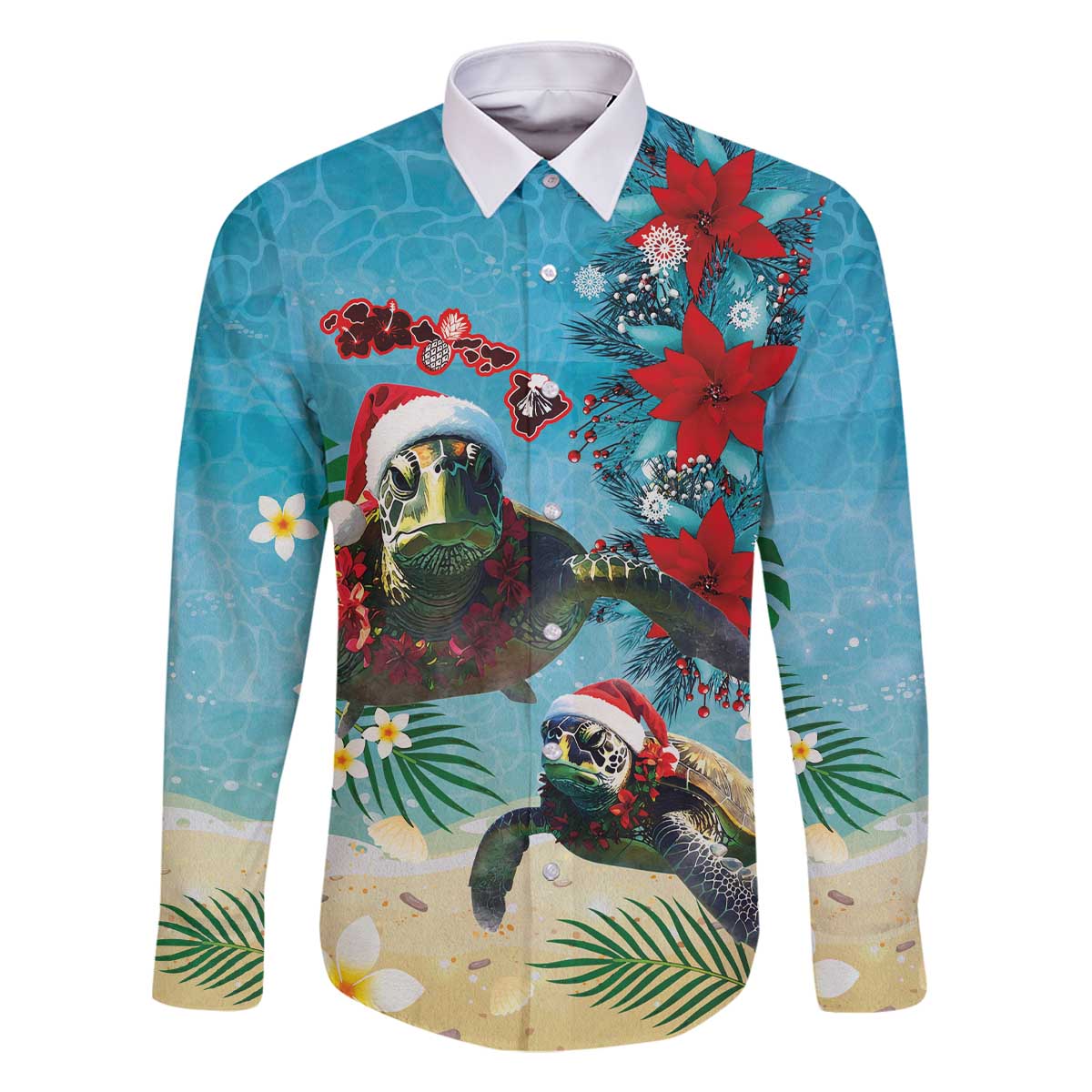 Hawaiian Mele Kalikimaka Family Matching Off The Shoulder Long Sleeve Dress and Hawaiian Shirt Tropical Xmas Turtles Red Poinsettia Watercolor - Polynesian Pride