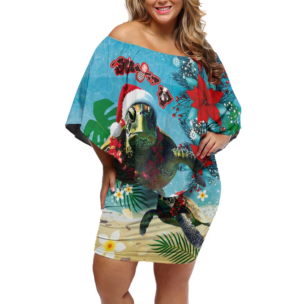 Hawaiian Mele Kalikimaka Family Matching Off Shoulder Short Dress and Hawaiian Shirt Tropical Xmas Turtles Red Poinsettia Watercolor - Polynesian Pride