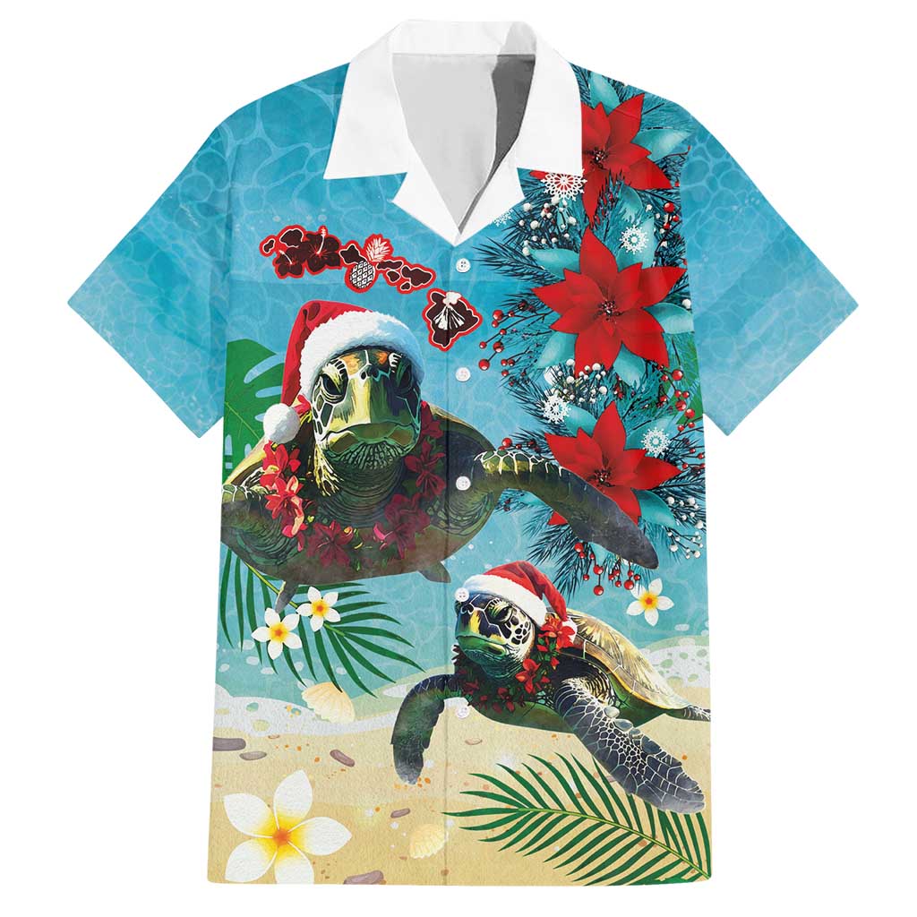 Hawaiian Mele Kalikimaka Family Matching Short Sleeve Bodycon Dress and Hawaiian Shirt Tropical Xmas Turtles Red Poinsettia Watercolor - Polynesian Pride