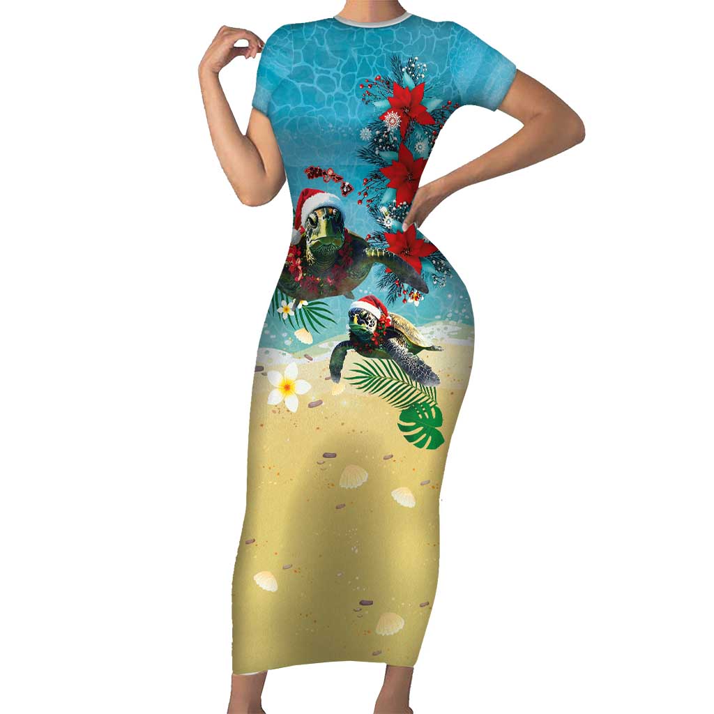 Hawaiian Mele Kalikimaka Family Matching Short Sleeve Bodycon Dress and Hawaiian Shirt Tropical Xmas Turtles Red Poinsettia Watercolor - Polynesian Pride