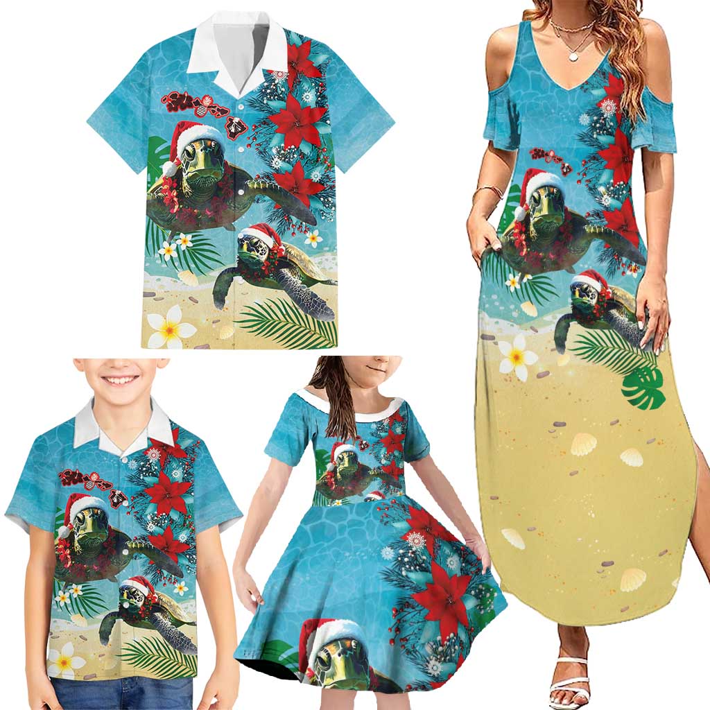 Hawaiian Mele Kalikimaka Family Matching Summer Maxi Dress and Hawaiian Shirt Tropical Xmas Turtles Red Poinsettia Watercolor - Polynesian Pride