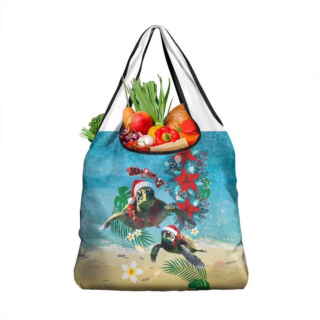 Hawaiian Mele Kalikimaka Grocery Bag Tropical Xmas Turtles Red Poinsettia Watercolor - Polynesian Pride