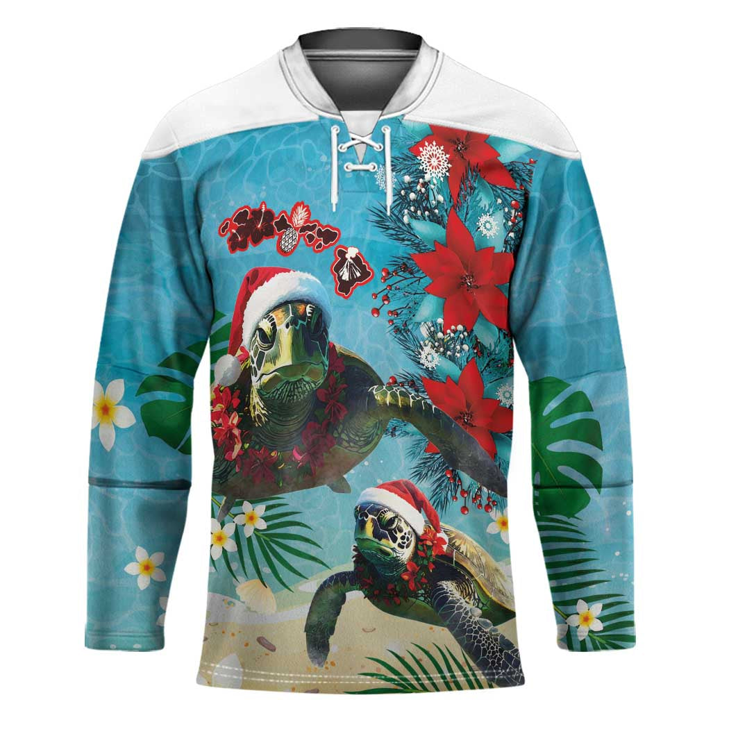 Hawaiian Mele Kalikimaka Hockey Jersey Tropical Xmas Turtles Red Poinsettia Watercolor - Polynesian Pride