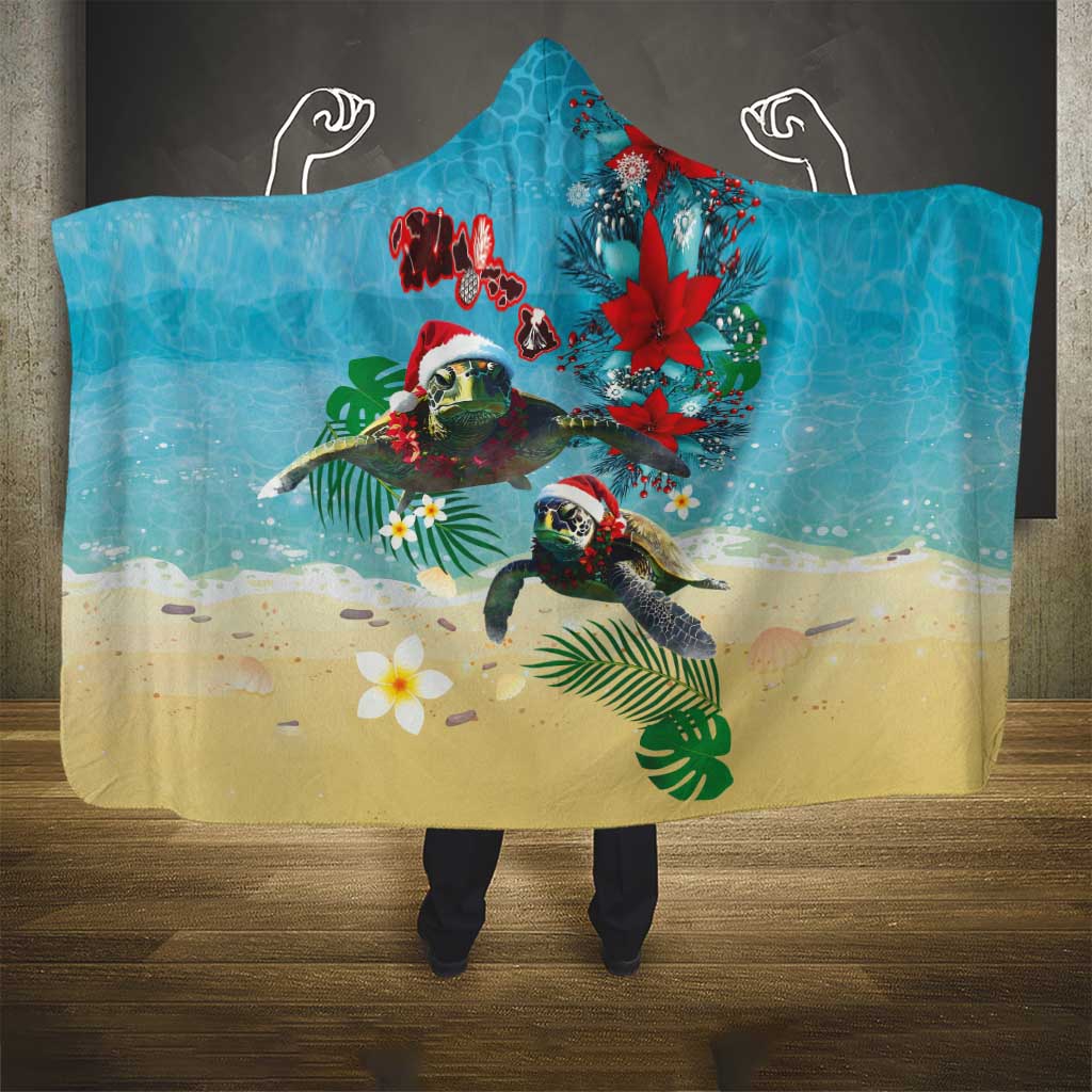 Hawaiian Mele Kalikimaka Hooded Blanket Tropical Xmas Turtles Red Poinsettia Watercolor - Polynesian Pride