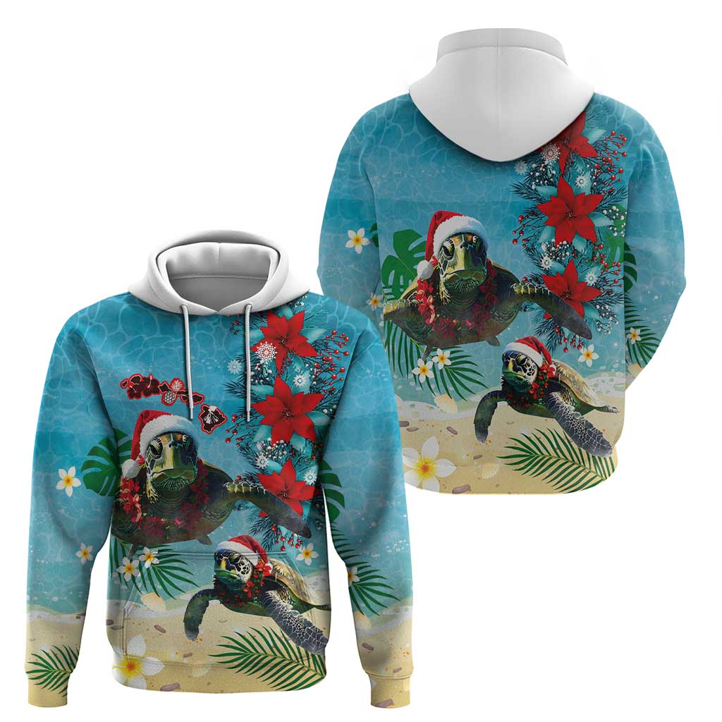 Hawaiian Mele Kalikimaka Hoodie Tropical Xmas Turtles Red Poinsettia Watercolor - Polynesian Pride