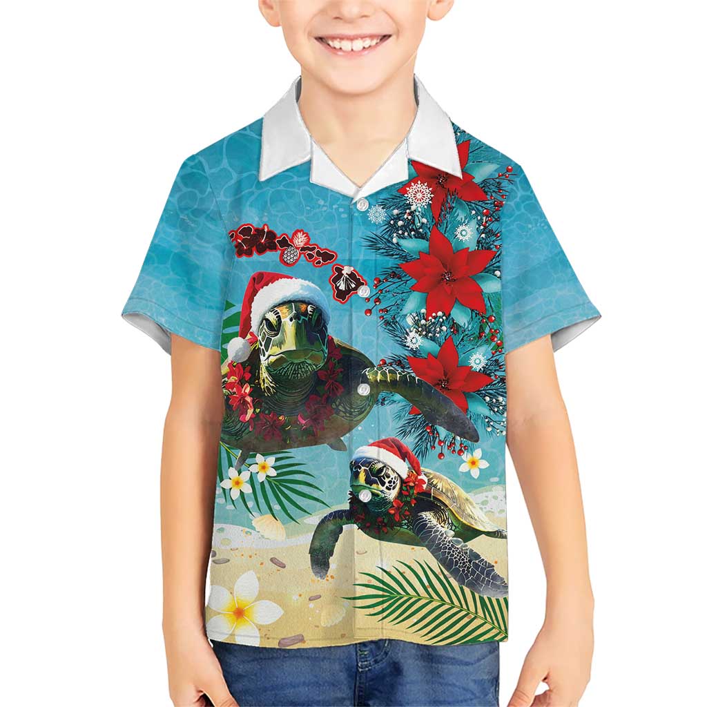 Hawaiian Mele Kalikimaka Kid Hawaiian Shirt Tropical Xmas Turtles Red Poinsettia Watercolor - Polynesian Pride