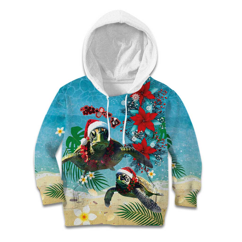 Hawaiian Mele Kalikimaka Kid Hoodie Tropical Xmas Turtles Red Poinsettia Watercolor - Polynesian Pride
