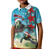 Hawaiian Mele Kalikimaka Kid Polo Shirt Tropical Xmas Turtles Red Poinsettia Watercolor - Polynesian Pride