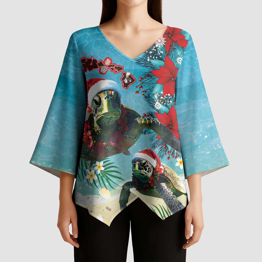 Hawaiian Mele Kalikimaka Kimono Sleeve Blouse Tropical Xmas Turtles Red Poinsettia Watercolor - Polynesian Pride