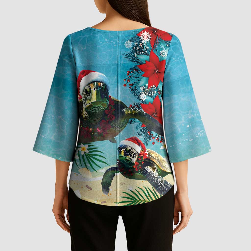 Hawaiian Mele Kalikimaka Kimono Sleeve Blouse Tropical Xmas Turtles Red Poinsettia Watercolor - Polynesian Pride