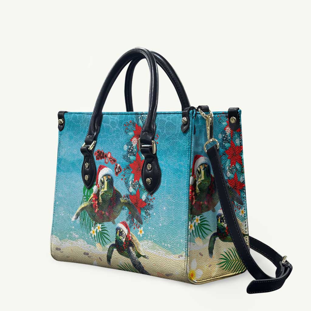 Hawaiian Mele Kalikimaka Leather Bag Tropical Xmas Turtles Red Poinsettia Watercolor - Polynesian Pride