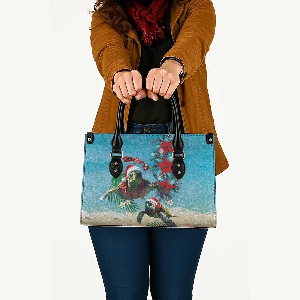 Hawaiian Mele Kalikimaka Leather Bag Tropical Xmas Turtles Red Poinsettia Watercolor - Polynesian Pride