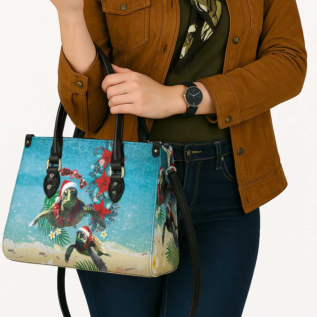 Hawaiian Mele Kalikimaka Leather Bag Tropical Xmas Turtles Red Poinsettia Watercolor - Polynesian Pride