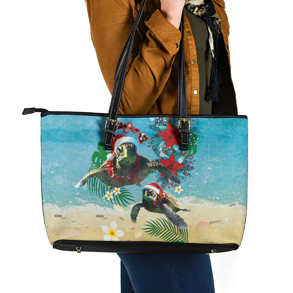 Hawaiian Mele Kalikimaka Leather Tote Bag Tropical Xmas Turtles Red Poinsettia Watercolor - Polynesian Pride