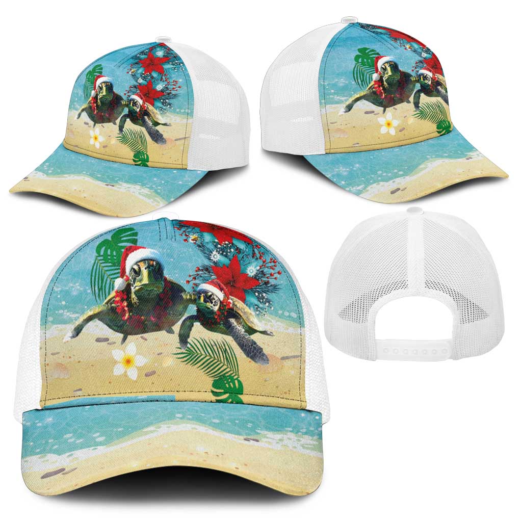Hawaiian Mele Kalikimaka Mesh Trucker Cap Xmas Turtles and Tropical Plants with Red Poinsettia Watercolor Style - Polynesian Pride