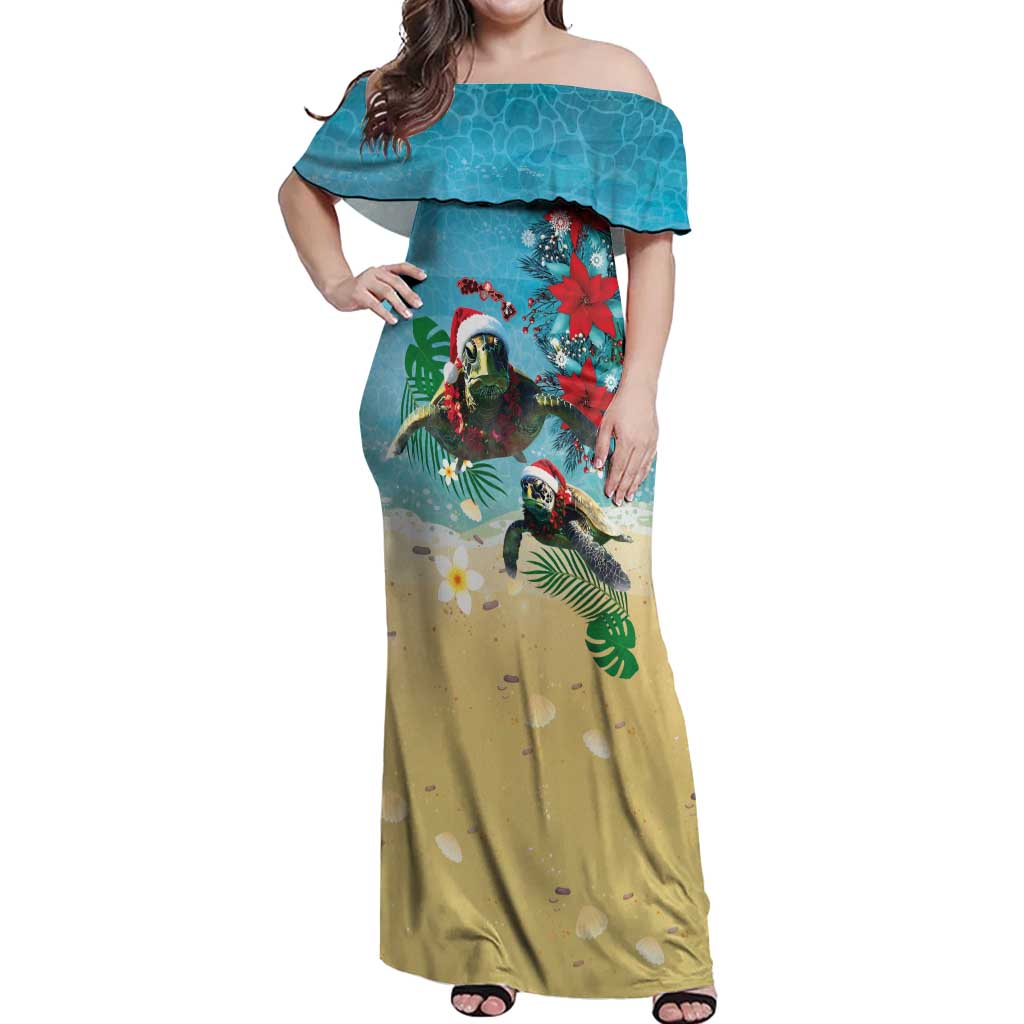 Hawaiian Mele Kalikimaka Off Shoulder Maxi Dress Tropical Xmas Turtles Red Poinsettia Watercolor - Polynesian Pride