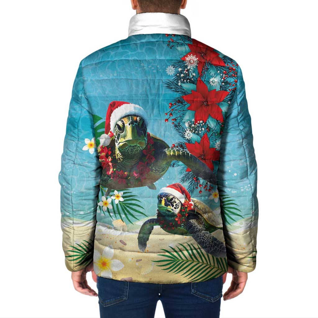 Hawaiian Mele Kalikimaka Padded Jacket Tropical Xmas Turtles Red Poinsettia Watercolor - Polynesian Pride