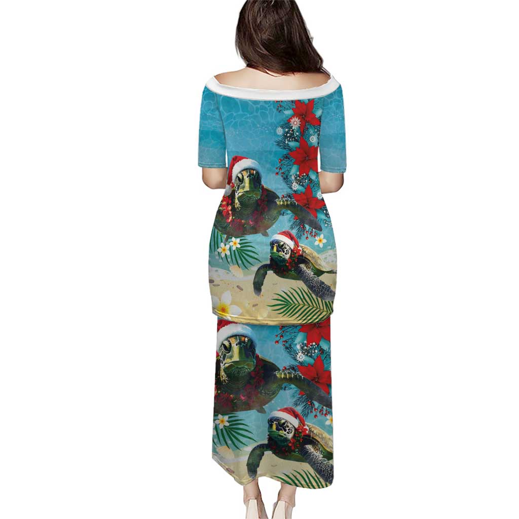 Hawaiian Mele Kalikimaka Puletasi Tropical Xmas Turtles Red Poinsettia Watercolor - Polynesian Pride