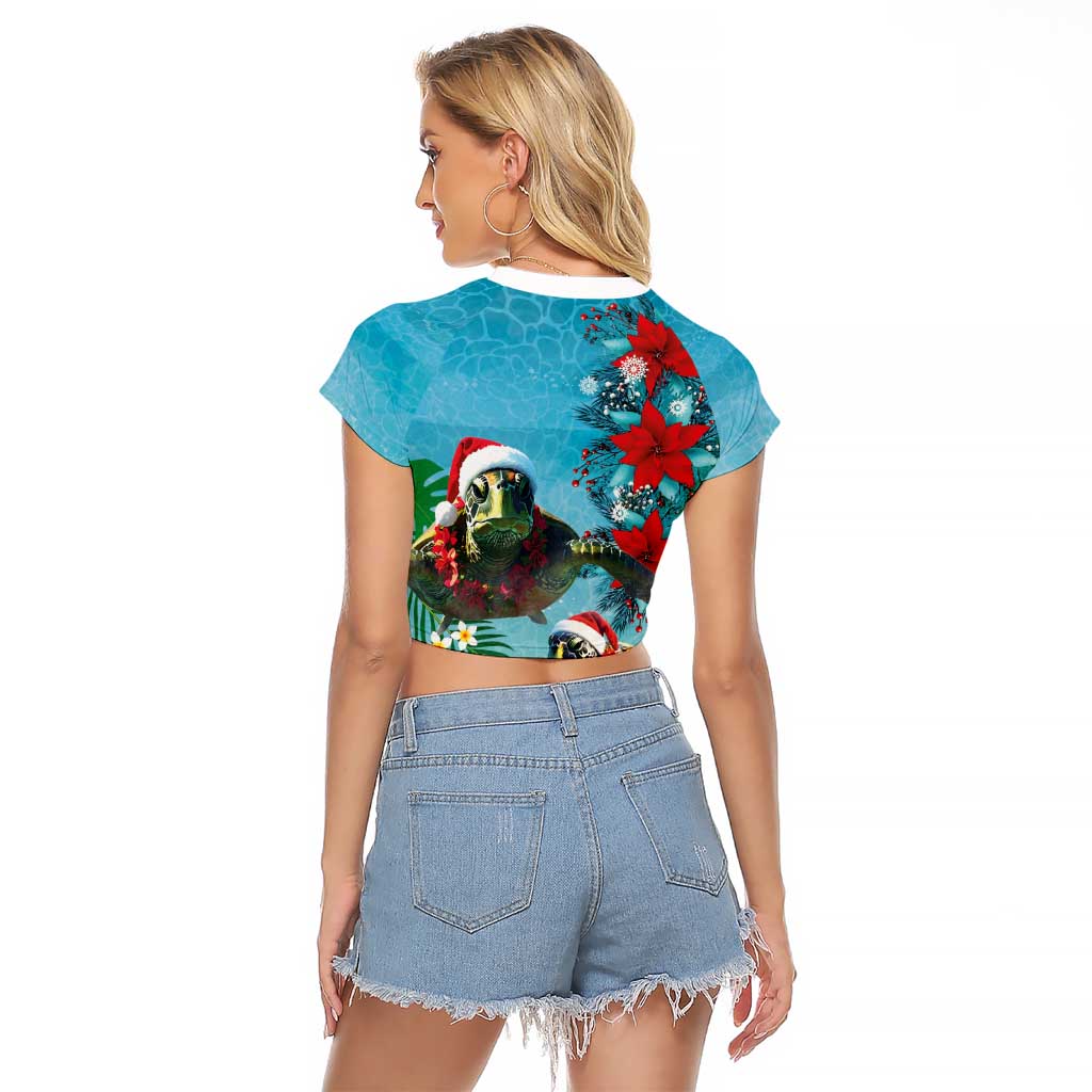 Hawaiian Mele Kalikimaka Raglan Cropped T Shirt Tropical Xmas Turtles Red Poinsettia Watercolor - Polynesian Pride