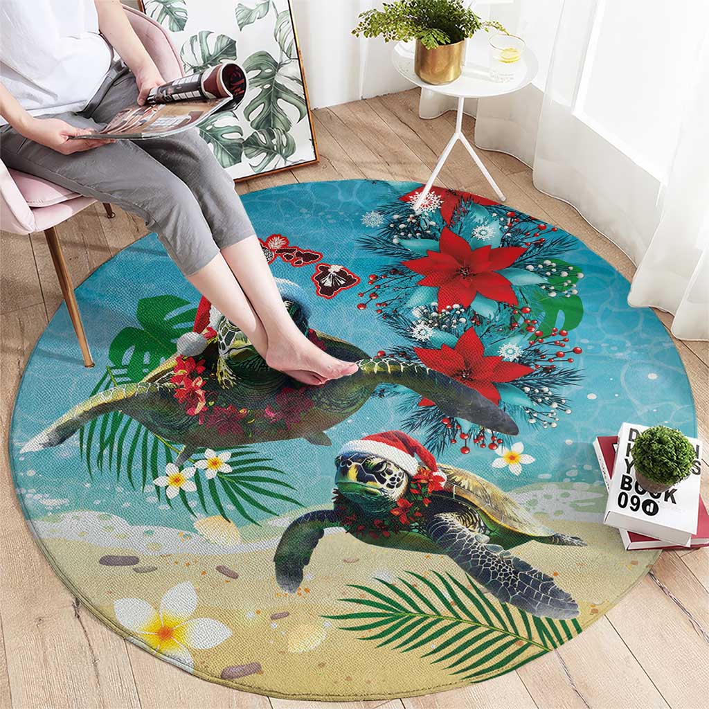 Hawaiian Mele Kalikimaka Round Carpet Tropical Xmas Turtles Red Poinsettia Watercolor - Polynesian Pride