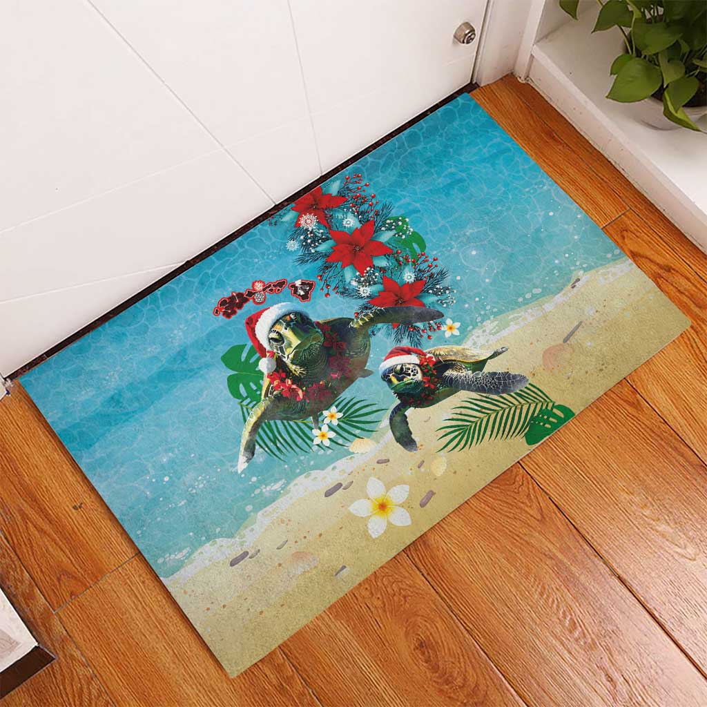 Hawaiian Mele Kalikimaka Rubber Doormat Tropical Xmas Turtles Red Poinsettia Watercolor - Polynesian Pride