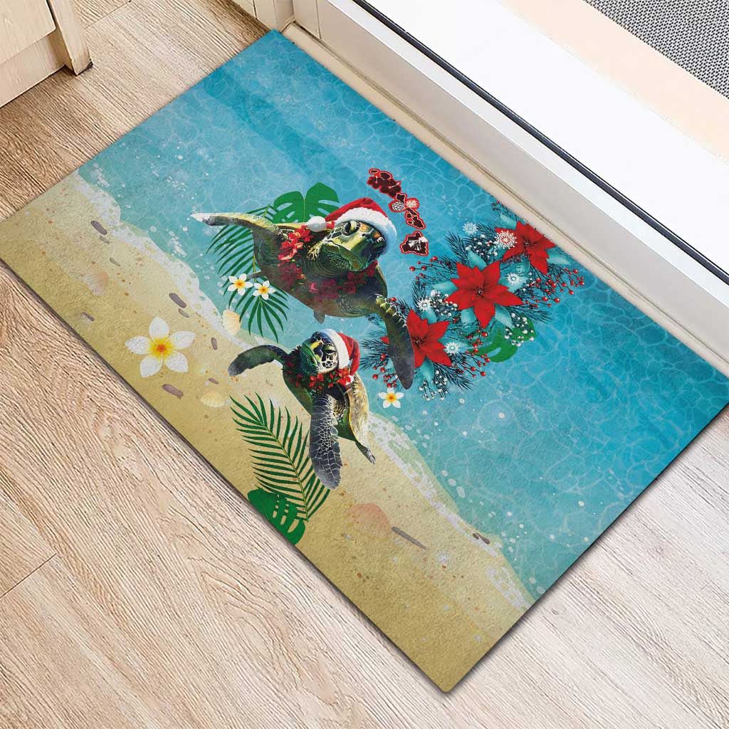 Hawaiian Mele Kalikimaka Rubber Doormat Tropical Xmas Turtles Red Poinsettia Watercolor - Polynesian Pride