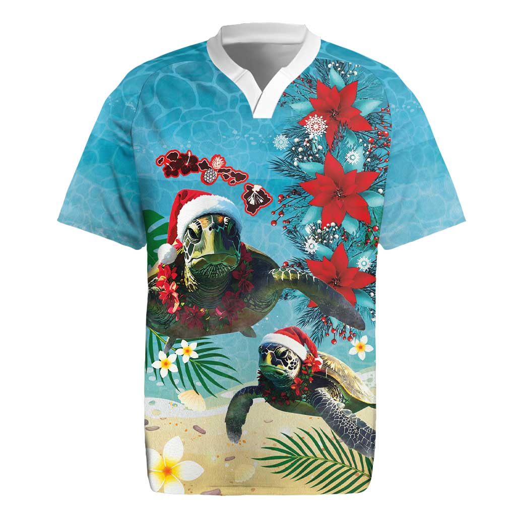Hawaiian Mele Kalikimaka Rugby Jersey Tropical Xmas Turtles Red Poinsettia Watercolor - Polynesian Pride