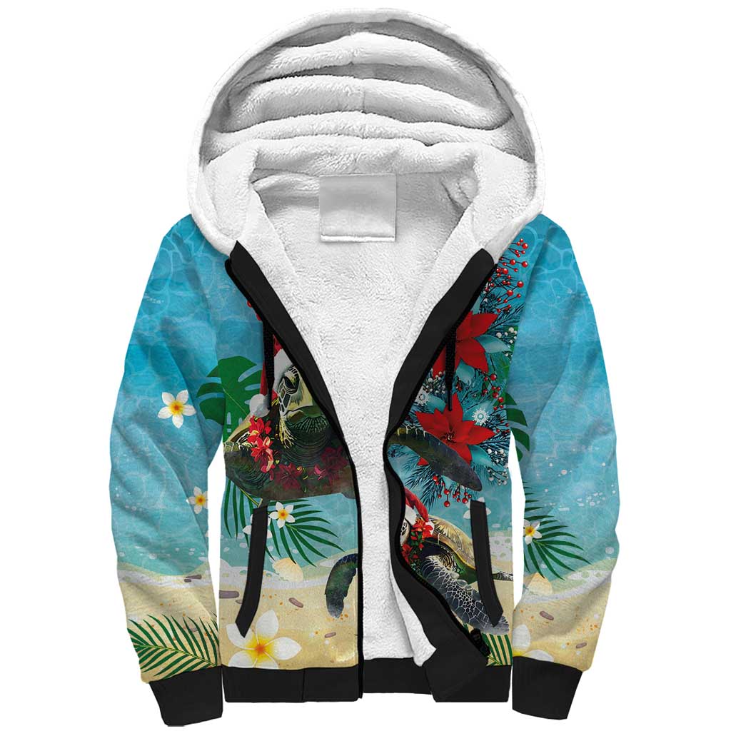Hawaiian Mele Kalikimaka Sherpa Hoodie Tropical Xmas Turtles Red Poinsettia Watercolor - Polynesian Pride
