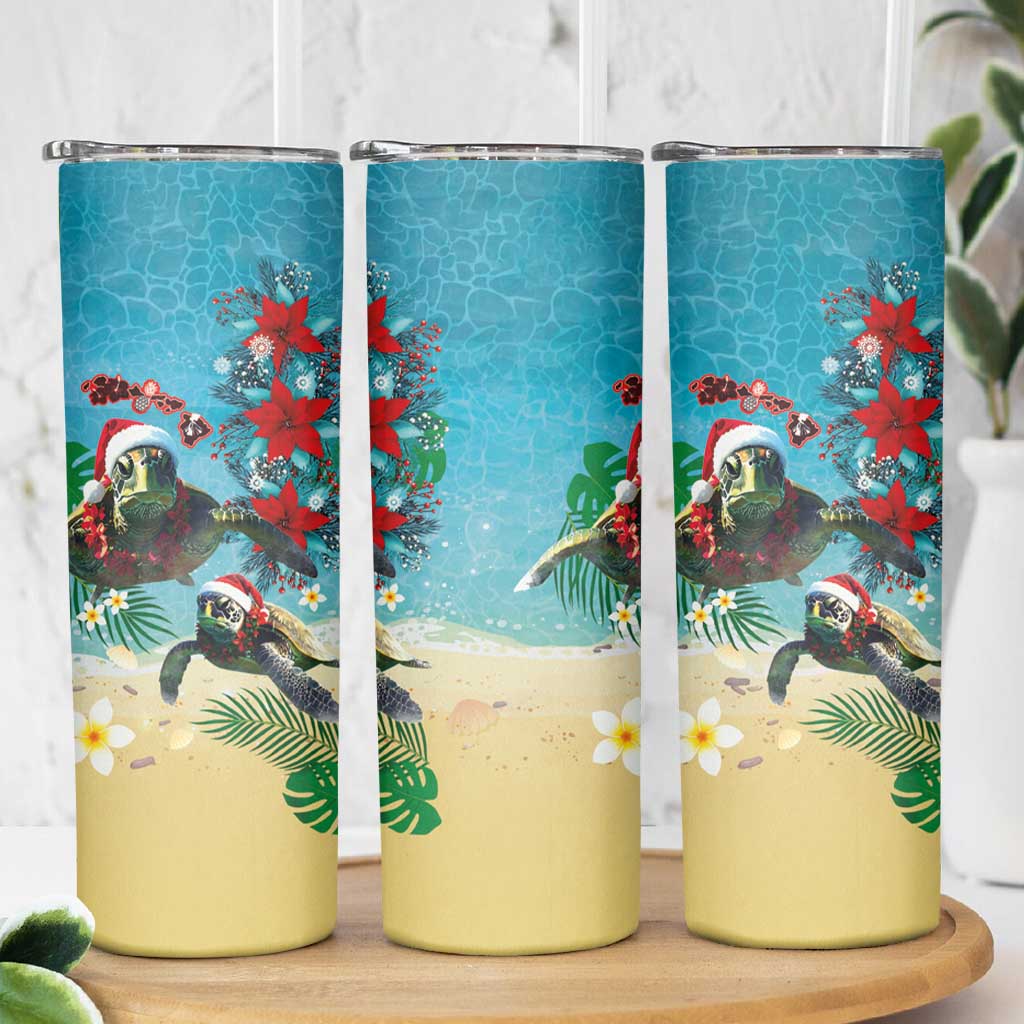 Hawaiian Mele Kalikimaka Skinny Tumbler Tropical Xmas Turtles Red Poinsettia Watercolor - Polynesian Pride