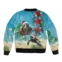 Hawaiian Mele Kalikimaka Sleeve Zip Bomber Jacket Tropical Xmas Turtles Red Poinsettia Watercolor - Polynesian Pride