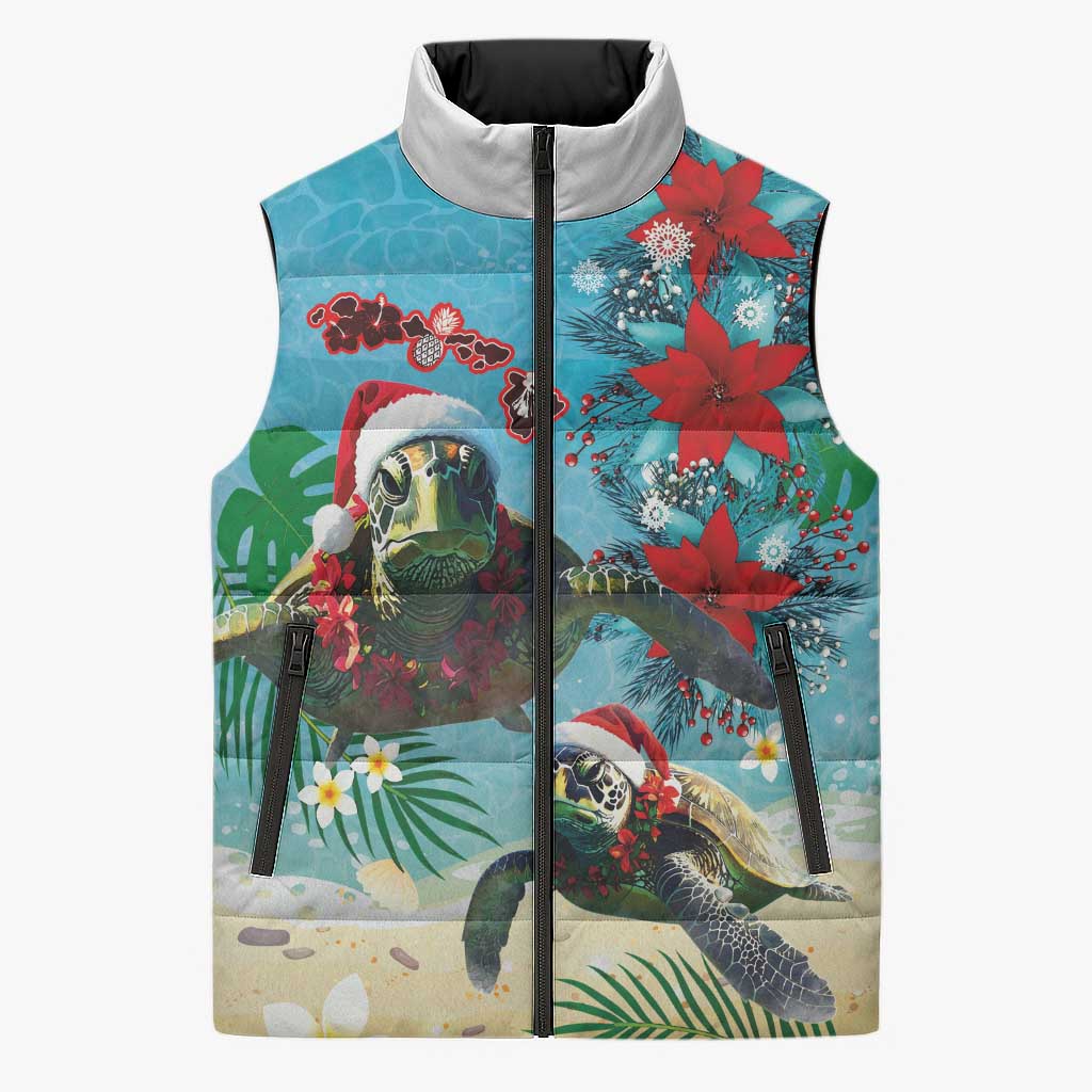 Hawaiian Mele Kalikimaka Sleeveless Puffer Jacket Tropical Xmas Turtles Red Poinsettia Watercolor - Polynesian Pride